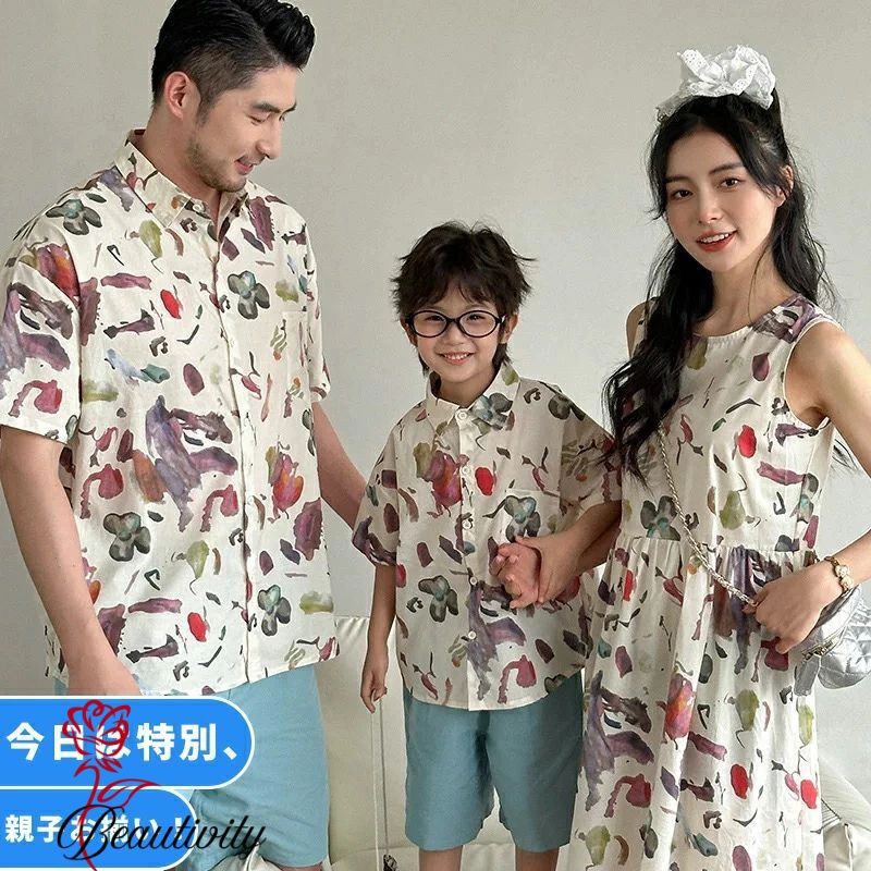親子コーデ 総柄 アロハシャツ パンツ ワンピース 4人 ビーチ旅行 カップルペアルック ゆったり 韓国 ..