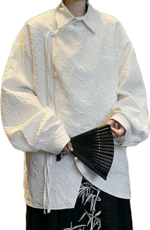 乐天商城 - 長袖 メンズ カジュアルシャツ 中華風 斜めなチャイナボタン ジャカード織 ユニーク 春夏着 シャツジャケット 折り襟 リラックス 速乾通気 吸汗 コーディネート 和風 トレンド 無地 普段着 街着