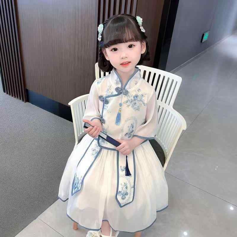 樂天商城 - 子供 女の子 漢服 唐装 セットアップ 中国風 民族衣装 古装 青花磁器柄 花柄 シフォン 薄手 発表会 ステージ衣装 舞台衣装 コスチューム 夏 かわいい プリンセス