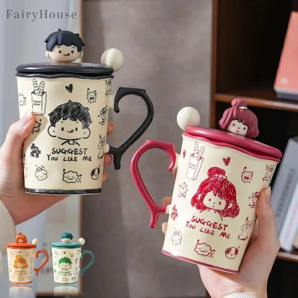 【無料送料】カップルマグカップ 蓋付き スプーン付き 陶器 男女ペア 男の子 女の子 デザイン プレゼント 誕生日 結婚記念日 ギフト 彼氏 彼女 可愛い 家庭用 食器 モーニングカップ コーヒーカップ カップルや夫婦 仲の良い友達同士でお揃いで使うのにぴったりです