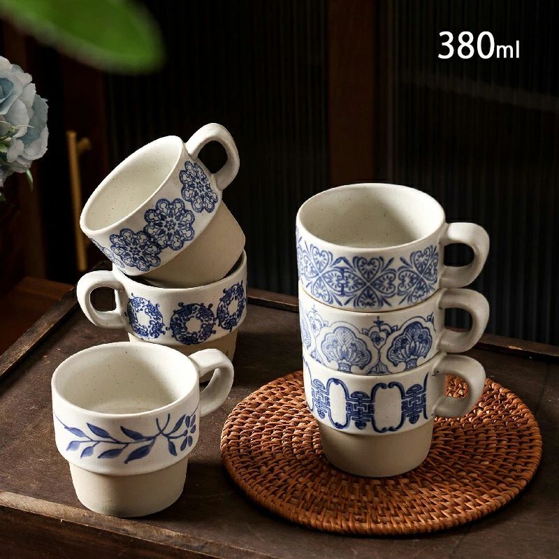 【送料無料】コーヒーカップ 200ml マグカップ ティーカップ 中国風 かわいい 陶器 中国陶器 青花磁器 おしゃれ 食器 カップ 業務用 カフェ風 おうち 新生活 喫茶店 レストラン カフェ プレゼント ギフト 電子レンジ 食洗機対応 口径8cm×高さ7.2cm