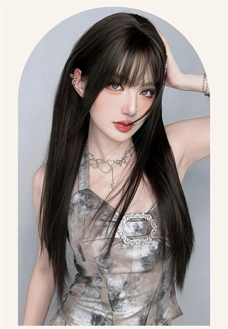 ネット付き ウィッグ ロング ロングストレート 超ロング 前髪 女性 レディース かつら 黒髪 ブラックブラウン 全頭ウィッグ 小顔効果 ツートン コスプレ 撮影 イベント おしゃれ ハロウィン ニュアンス 72cm 普段 かわいい 自然 韓国風 仮装 海外通販 2