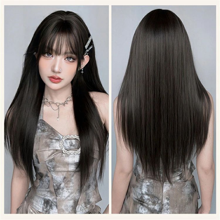 ネット付き ウィッグ ロング ロングストレート 超ロング 前髪 女性 レディース かつら 黒髪 ブラックブラウン 全頭ウィッグ 小顔効果 ツートン コスプレ 撮影 イベント おしゃれ ハロウィン ニュアンス 72cm 普段 かわいい 自然 韓国風 仮装 海外通販 3