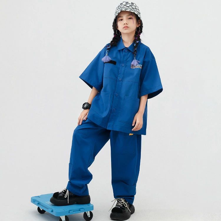 キッズダンス衣装 セットアップ 青 ヒップホップ ブルー 上下セット シャツ カーゴ...