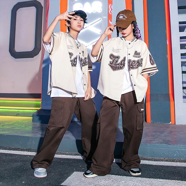 ベージュ茶色 ベースボールシャツ 夏 半袖 キッズ ダンス衣装 セットアップ 男の子...