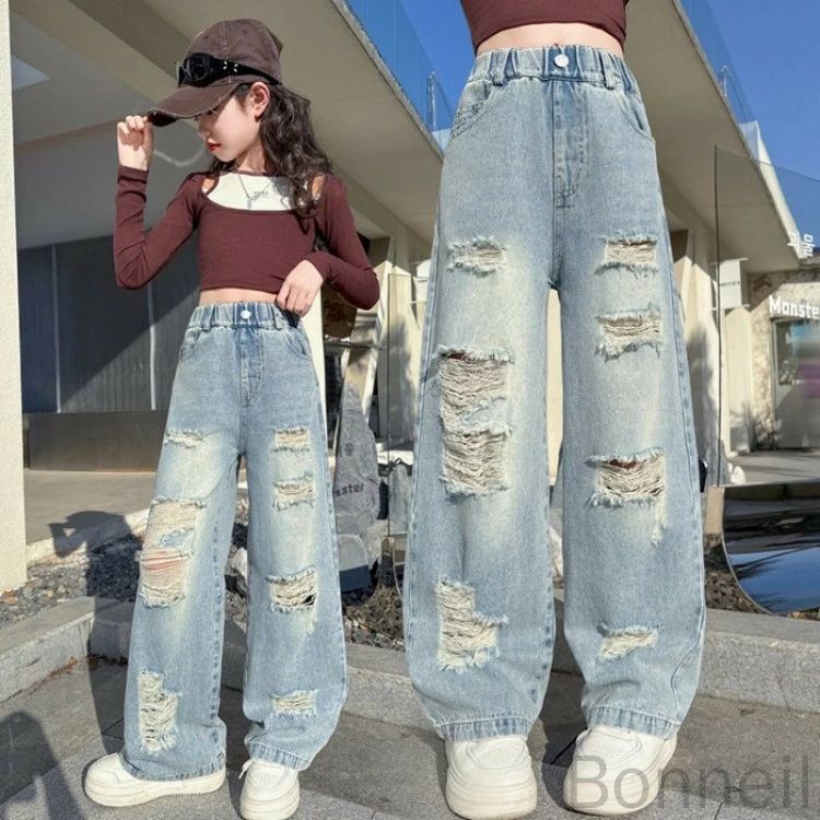 乐天商城 - キッズデニム 子供ジーンズ 女の子パンツ ダメージ加工 おしゃれデニム キッズファッション ロングパンンツ ワイドシルエット 子ども用ジーンズ 120cm 130cm 140cmサイズ