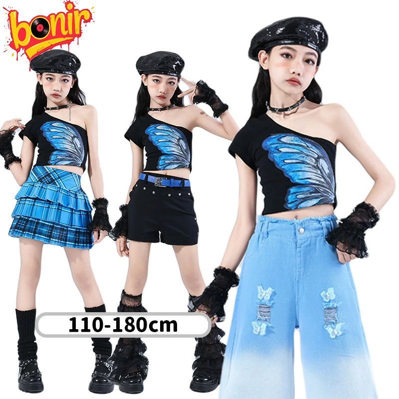 Top & Bottom Sets - キッズダンス 衣装 黒 ブルー 女の子 へそだし 子供用 ヒップホップ ステージ衣装 蝶柄 発表会向け ヒップホップ スタイルセット 子供イベントコーデ クール 可愛い ダンス服 ワイドパンツ セット 個性 原宿系 衣装セット 韓国風 KPOP 舞台衣装 撮影会用 110〜180cm