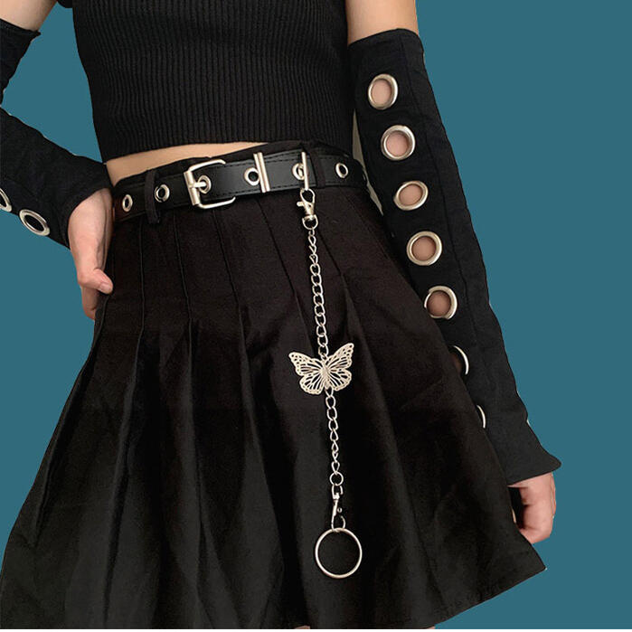 【ネコポス便対応】バタフライモチーフ 蝶々モチーフ チェーンベルト ロック パンク ベルト 合皮ベルト..