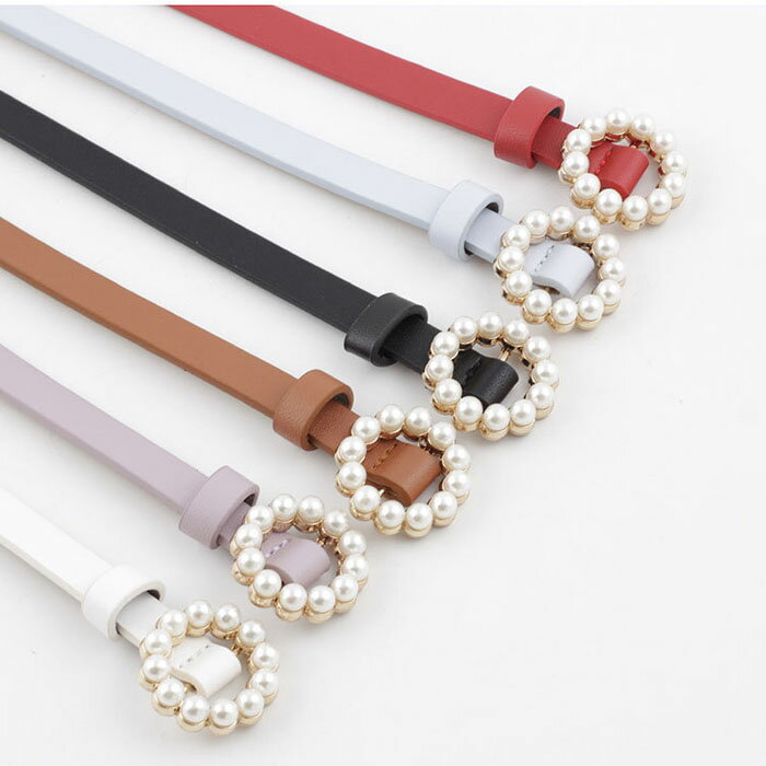 【ネコポス便対応】パール　ベルト 細　ベルト バックル 細幅 合皮 ベルト レディース PUレザー