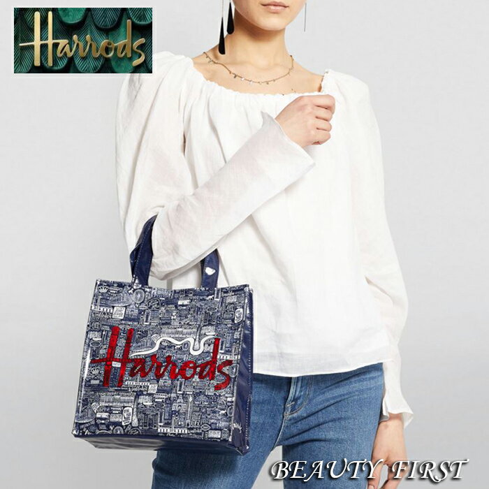 【速達メール便発送】 【正規品】 Harrods ハロッズ 大きめロゴ入りネイビー系ショッパーバッグ(S) スモールサイズ レディース ショッパー バッグ カバン鞄 トートバッグ サブバッグ 休憩バッグ ランチバッグ 上品 高級感 大人 軽量 撥水