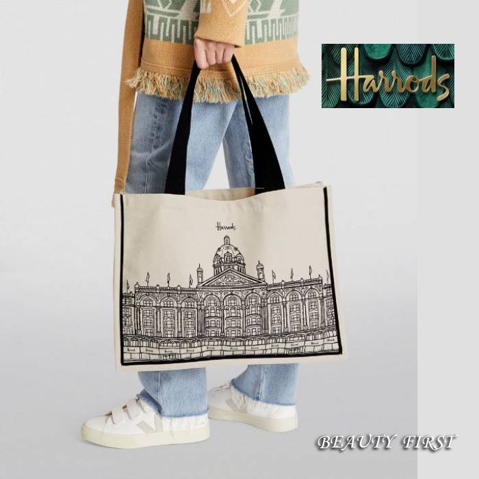  Harrods ハロッズ 建物デザインキャンバストートバッグ(横長) HAND DRAWN BUILDING LARGE TOTE BAG トートバッグ ショッパー キャンバス地 メインバッグ サブバッグ 鞄かばん 肩掛け 手提げ 買い物バッグ 大容量 通勤 通学 カジュアル デイリー