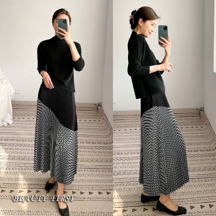 プリーツ黒×千鳥柄スカート ボトムス ロングスカート ウエストゴム フリーサイズ ロング丈 黒ブラック 可愛い エレガント 上品 高級感 きれいめ 可愛い バイカラー プリーツ 秋冬 美脚 美シルエット デイリー 普段 お出かけ 食事会 女子会