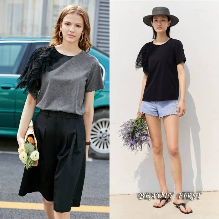 【メール便発送】 肩レースフリル半袖トップス トップス 半袖 Tシャツ カットソー シャツ 黒ブラック グレー カジュアル きれいめ ラウンドネック 丸首 可愛い シンプル 無地 肩レース ゆとり 通勤 通学 デイリー 普段 オフィス 仕事 上品 高級感 大人 着回し 綿コットン