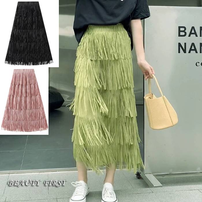 10カラ―展開 プリーツロングスカート フリンジ ボトムス スカート ミディー丈 フリーサイズ ウエストゴム レディース 可愛い シンプル 無地 着回し 着映え カジュアル きれいめ 上品 高級感 華やか 春夏秋冬 高見え デイリー 普段