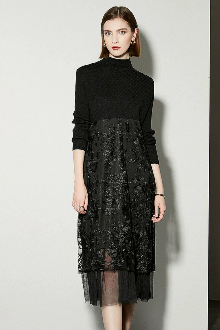 ニット×刺繍レースドッキングワンピース ロング丈 ワンピース 長袖 透け感 大人 ドレス 黒ブラック レディース 上品 高級感 高見え エレガント 可愛い セレブ感 パーティー 式典 食事会 イベント チュールレース 刺繍 ニット 春秋冬 きれいめ 丸首 ハイネック フレア