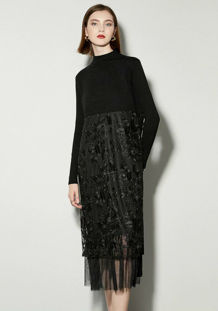 ニット×刺繍レースドッキングワンピース ロング丈 ワンピース 長袖 透け感 大人 ドレス 黒ブラック レディース 上品 高級感 高見え エレガント 可愛い セレブ感 パーティー 式典 食事会 イベント チュールレース 刺繍 ニット 春秋冬 きれいめ 丸首 ハイネック フレア