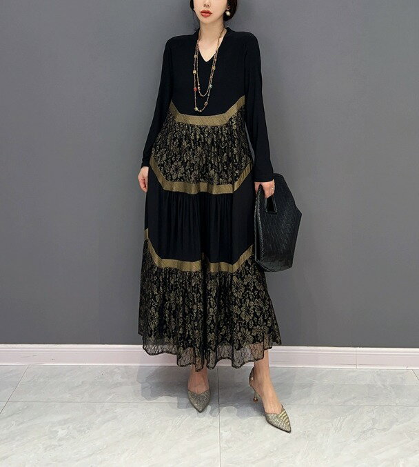 花柄レース模様ワンピース フレア 長袖 ワンピース ロング丈 マキシ丈 黒ブラック カジュアル 上品 高級感 大人 ふんわり感 可愛い ゆとり ゆる 体形カバー 体形隠し 落ち感 デイリー お出かけ 普段 お食事会 女子会 エレガント おしゃれ