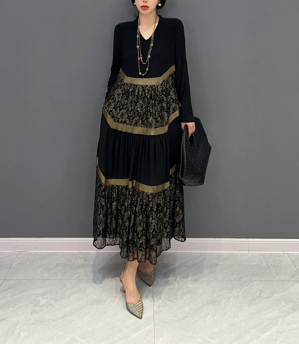 花柄レース模様ワンピース フレア 長袖 ワンピース ロング丈 マキシ丈 黒ブラック カジュアル 上品 高級感 大人 ふんわり感 可愛い ゆとり ゆる 体形カバー 体形隠し 落ち感 デイリー お出かけ 普段 お食事会 女子会 エレガント おしゃれ
