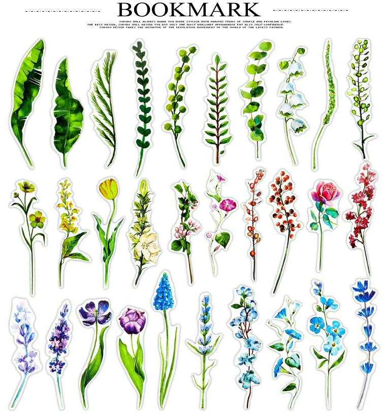 しおり 栞 30枚セット 花 フラワー 手描き 水彩画 ブックマーク カラフル 紙製 おしゃれ 図鑑 30枚のパターンが全て異なる しおりセット 3013