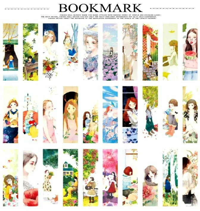 しおり 栞 30枚セット 女の子 女子 手描き絵 猫 いぬ 花 ブックマーク カラフル 紙製 おしゃれ 30枚のパターンが全て異なる しおりセット 3102