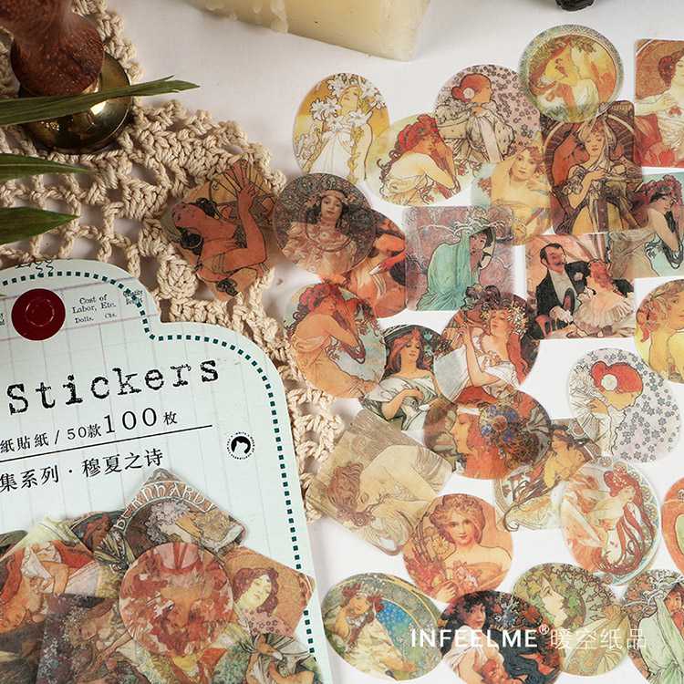 即日出荷 100枚 海外シール マスキングテープ素材 フレークシール コラージュ 素材 手帳 日記 ミュシャ 人物 リボン 文房具 手芸 資材 英語 英字 メッセージ シール 封蝋 シール ビンテージ アンティーク ヴィンテージ ジャンクジャーナル 手帳デコ 小さめ デコシール DIYのサムネイル