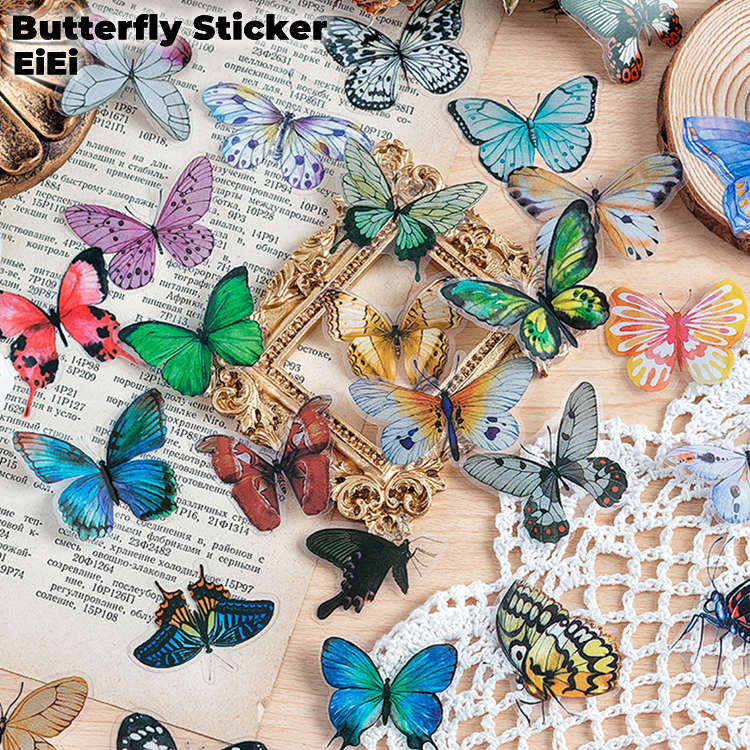 即日出荷 フレークシール 蝶 コラージュ 素材 セット デコレーション 海外ステッカー 透明シール 海外シール 蝶々 バタフライ 40枚 PET 耐水 ダイカッ...