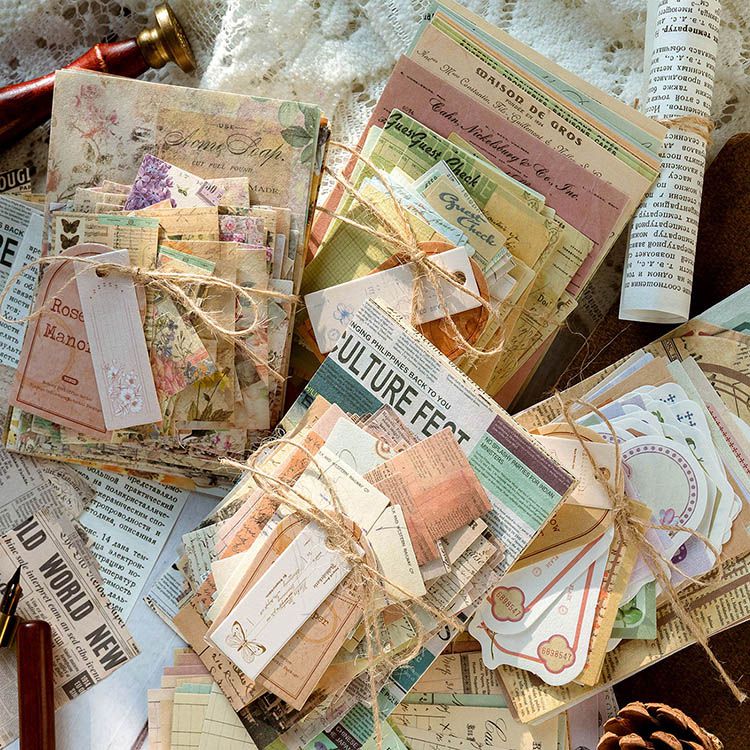 即日出荷 大容量 デザインペーパー 100枚 海外 コラージュ 素材 素材紙 背景紙 便箋 メモパッド スクラップブッキング 花柄 レース 英字 英語 文字 タグ デコレーション ヴィンテージ 素材 ペーパー レトロ アンティーク 紙活 紙モノ 手帳 日記 交換便 アレンジ アイテム