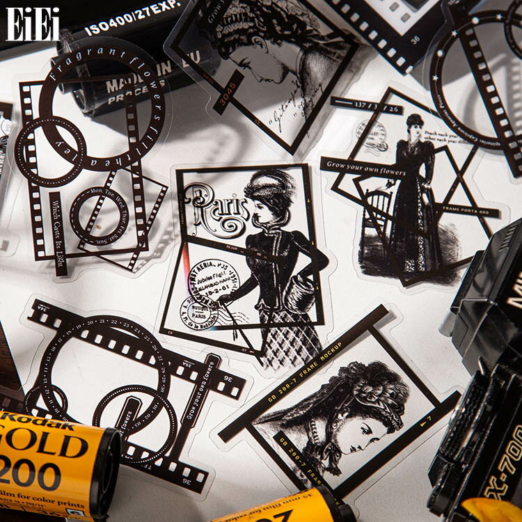 即日出荷 クリアシール ネガ フィルム 透明 白 黒 大きめ 外国 人物 女性 花 花柄 蝶 英字 数字 英語 枠 アメリカン ステッカー おしゃれ モノトーン...