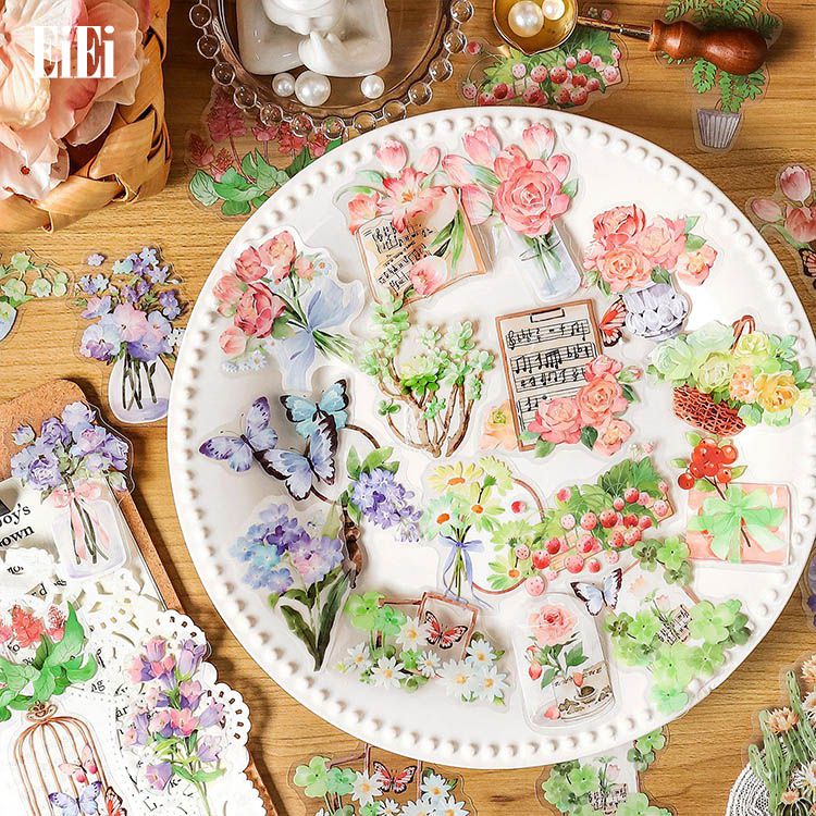 即日出荷 クリアシール コラージュ 素材 水彩 透明シール 30枚 鳥籠 鳥かご 花 蝶 苺 イチゴ 桃 モモ ..