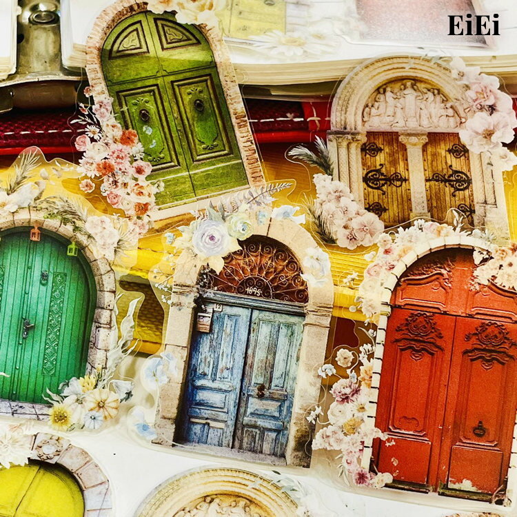 即納 クリアシール 透明 ステッカー 耐水 PET素材 海外コラージュ 素材 セット ドア 扉 門 窓 鳥籠 鳥かご 宝石 枠 額縁 花柄 レース 猫 動物 3...