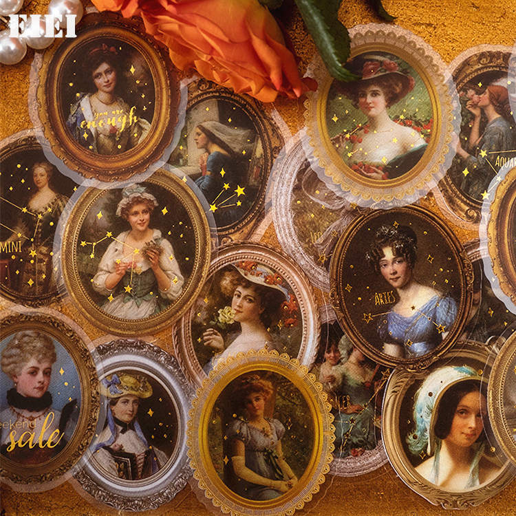 即日出荷 クリアシール 金箔押し レトロ 人物シール 海外 コラージュ 素材 セット 40枚 箔押し クリアステッカー アンティーク 欧米 大人 少女 貴婦人 ...