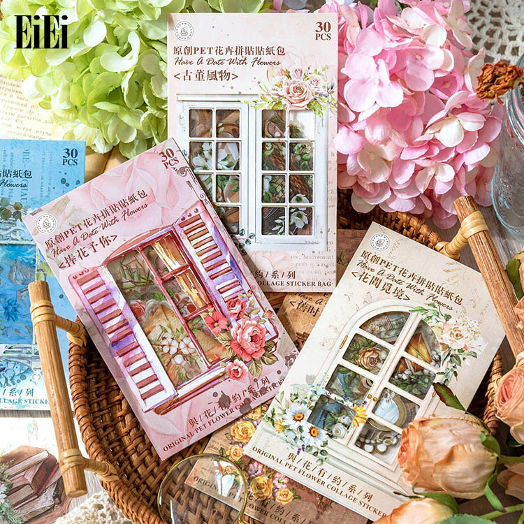 即日出荷 クリアシール コラージュ 素材 水彩 透明シール 30枚 鳥籠 鳥かご 花 蝶 苺 花柄 文具雑貨 文..