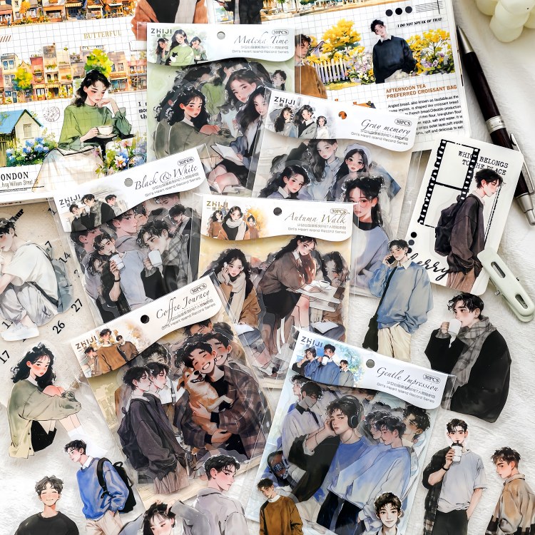 即日出荷 人物シール 30枚 男の子 女の子 男性 女性 少男 少女 女子 男子 少年 青年 彼氏 男 大人 手描..