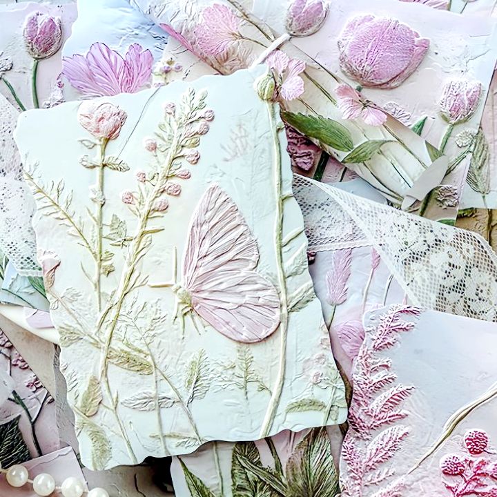 即日出荷 エンボス加工ペーパー 凹凸 立体 素材紙 背景紙 背景ペーパー 便箋 デザインペーパー 海外 紙物 紙もの コラージュ素材 ペーパー 異素材 背景 23枚入り 花柄 花 植物 葉 かわいい フラワー デコレーション 素材 スクラップブック ハンドメイド 資材 素材 手帳 DIY