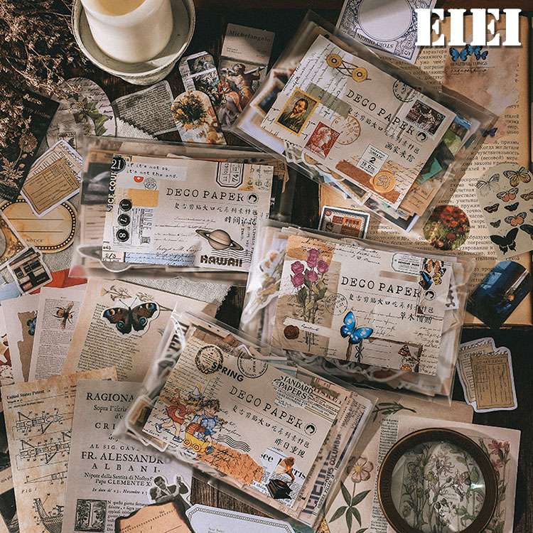 即日出荷 200枚 贅沢なデコレーション素材 詰め合わせセット ヴィンテージ レトロ アンティーク 80枚マステシール+120枚素材ペーパー 手帳デコ コラージ...