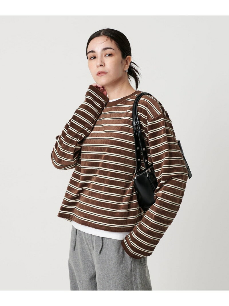 ポリエステルコットン ベロアボーダー ロングスリーブTシャツ BEAUTY&YOUTH UNITED ARROWS ビューティー＆ユース　ユナイテッドアローズ トップス カットソー・Tシャツ グレー ブラウン【送料無料】[Rakuten Fashion]のサムネイル
