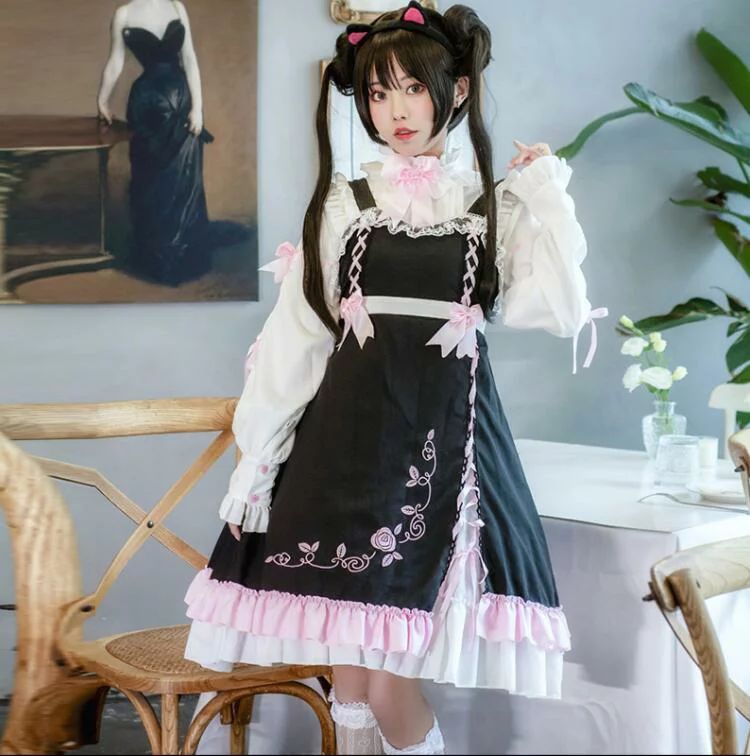 スーパーSALE10%OFF ロリータドレス ゴスロリ シャツ+キャミワンピ2点セットアップ 刺繍メイドドレス Lolita 仮装 二次元 コスチューム ハロウィン 学園祭文化祭 コスプレ衣装