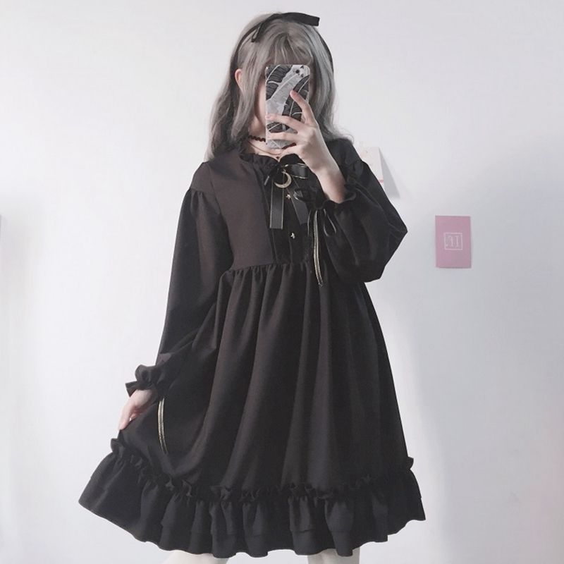 ワンピース ゴスロリ　ロリータ ワンピース フリル Lolita ワンピース お嬢様 膝丈 長袖 森ガール 洋服 ドレス ゆったり きれいめ 少女 原宿系　通学 可愛い イベント衣装 学園祭 春秋 仮装 パーティ お花見 ブラック