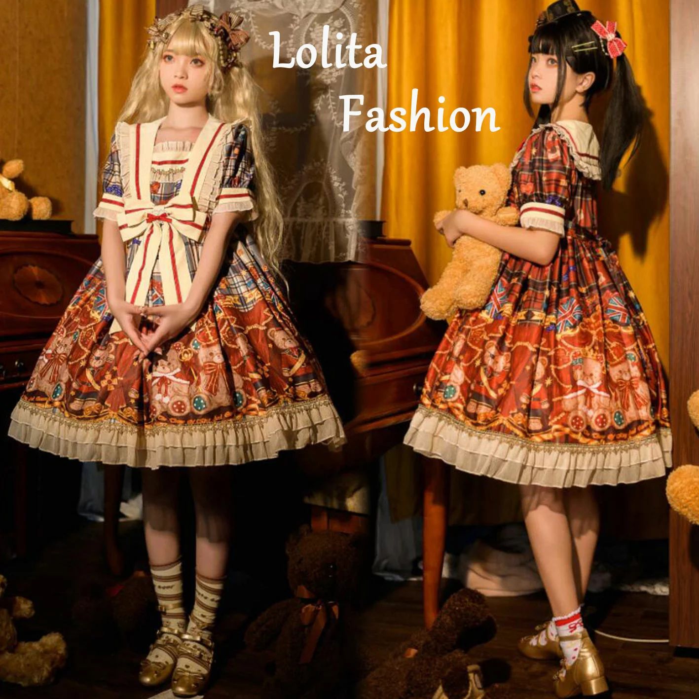 半袖ワンピース ロリータワンピース セーラーカラー 甘ロリータ 甘ロリ ロリータ風ワンピ チェック柄