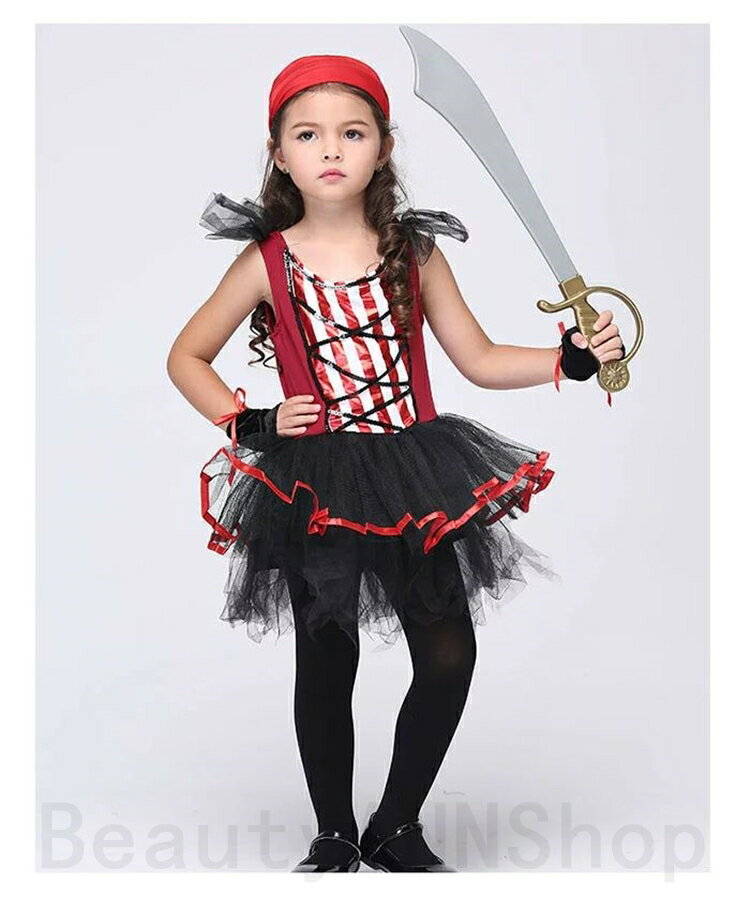 ハロウィン 衣装 海賊 キッズ 女の子 コスチューム 子供用 ワンピース＋髪飾り 全身 ペア 仮装 かわいい 可愛い おしゃれ かっこいい ハロウィン仮装 赤 黒 レッド ブラック