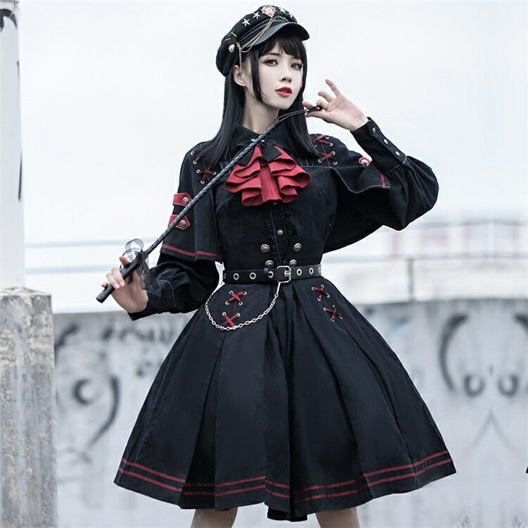 ロリータ 軍ロリ スカート セット 長袖 コスプレ 衣装 制服 軍服 ゴスロリセットアップ ワンピース ブラウス Lolita ロリィタ ステージ衣装 コスチューム 学園祭 仮装 黒ロリ ゴシック かっこいい 春秋冬 イベント