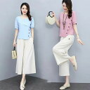 セットアップ レディース 夏 40代 30代 コーデ カジュアル 2点セット Tシャツ 半袖 ガウチョパンツ 綿麻 大きいサイズ 韓国風 おしゃれ 着痩せ 通勤...