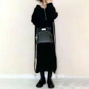 サイドライン 個性的 ワンピース レディース 袖あり 長袖 フード カジュアル ミモレ丈 おしゃれ 可愛い フェミニン サイドライン ワンピ ドレス かっこいい ゆったり 体型カバー シンプル リラックス スポーティ ブラック 黒 春