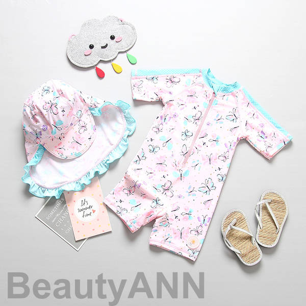 新生活 水着 2点セット 女の子 蝶柄 連体水着 キッズ 子ども 子供 UV対策 日焼け防止 かわいい バタフライ 子供水着 セパレート ラッシュガード オール...