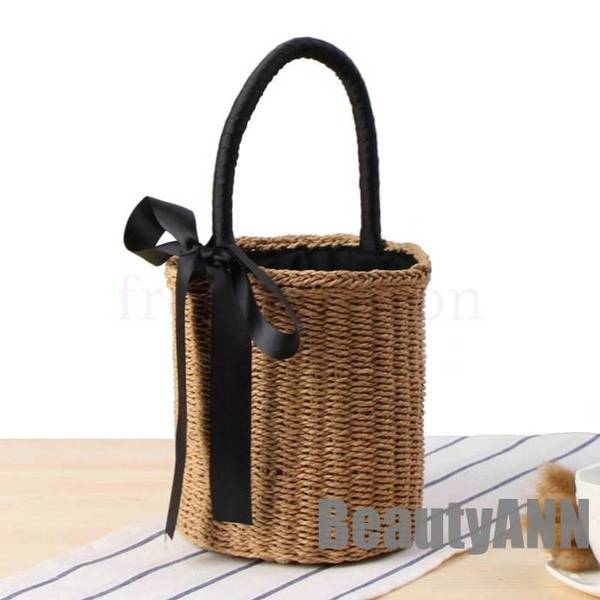 新生活 大人気 かごバッグ バケツ型 リボン付き ストローバッグ 手提げ バスケット ハンドバッグ 鞄 ト..
