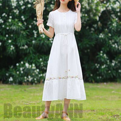 リネン ワンピース ナチュラル 刺繍 半袖 薄手 涼しい コットン 綿 体型カバー カジュアル おしゃれ 袖あり ミモレ丈 秋 レディース ロング丈 ワンピ ひ...