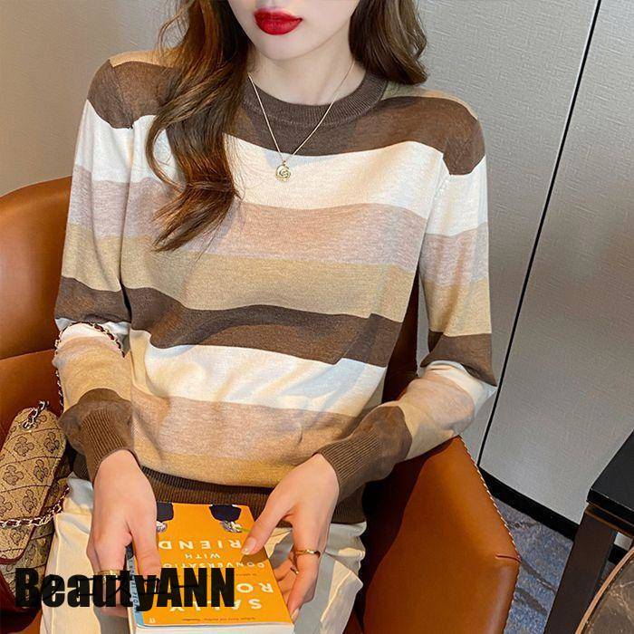 新生活 ニット プルオーバー トップス クルーネック ボーダー柄 配色 長袖 ニットセーター 春 秋 冬 インナー ニット トップス プレゼント ギフト