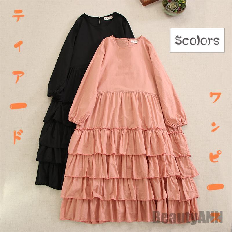 新生活 ワンピース 4段ティアード 長袖 フリル ギャザー 綿 ワンピース レイヤード 袖口ゴム 春秋 レディース ふんわり ティアードワンピース 無地 ロング...