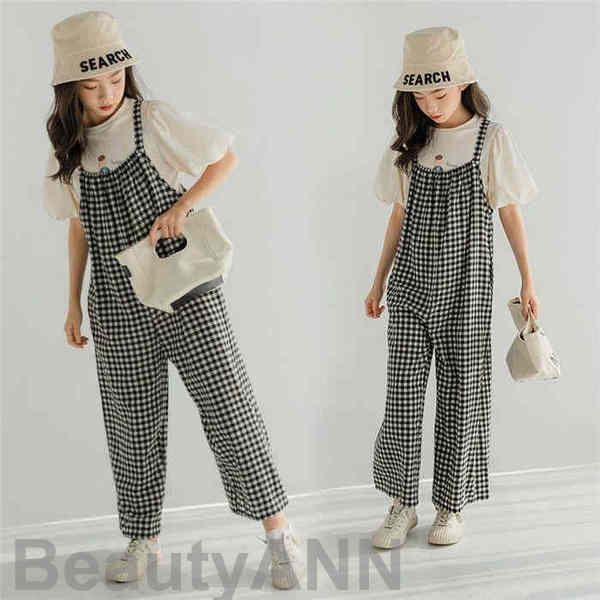 新生活 セットアップ サロペット 子供服 2点セット Tシャツ+サロペット チェック柄キッズ 女の子 韓国子供服 上下セット ワイドパンツ 半袖 Tシャツ シフ...