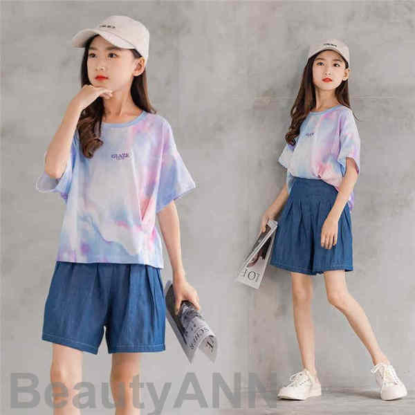 新生活 セットアップ 子供服 キッズ 女の子 2点セット 半袖 デニムパンツ シャツ+3分ズボン カジュアル パンツセット 春夏着 上下セット 短パンツ 小学生...